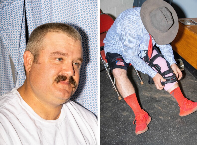 Gann puts on a leg brace as he gets into costume in the backstage locker room.