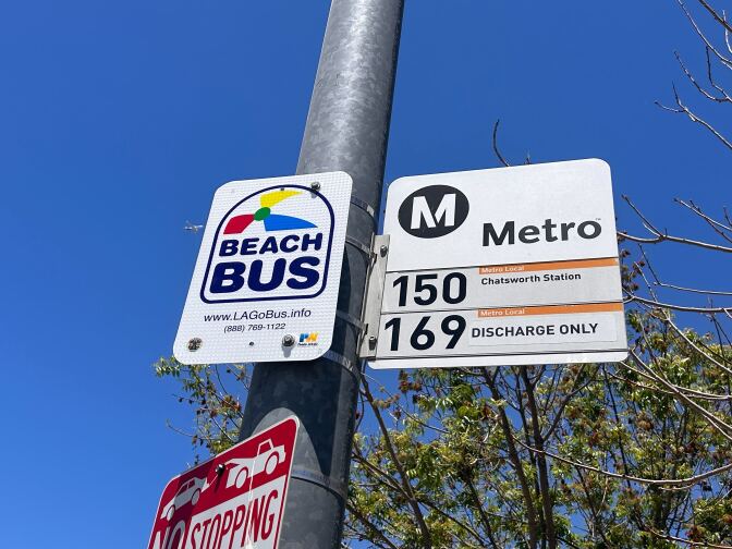 Two bus signs are attached to a silver metal pole. The sky behind the pole and signs is clear and blue, with the branches of a leafy green tree poking out of the bottom right hand side. 