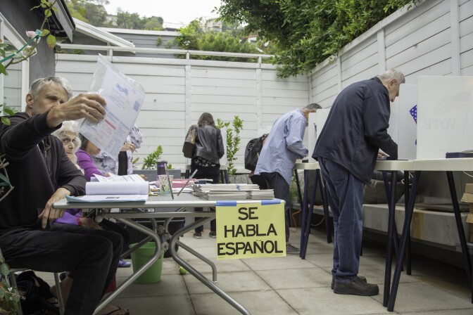 Voters in Beachwood Canyon, a Hollywood Hills neighborhood in Los Angeles, cast their ballots in the California primary election on Tuesday, June 5, 2018.