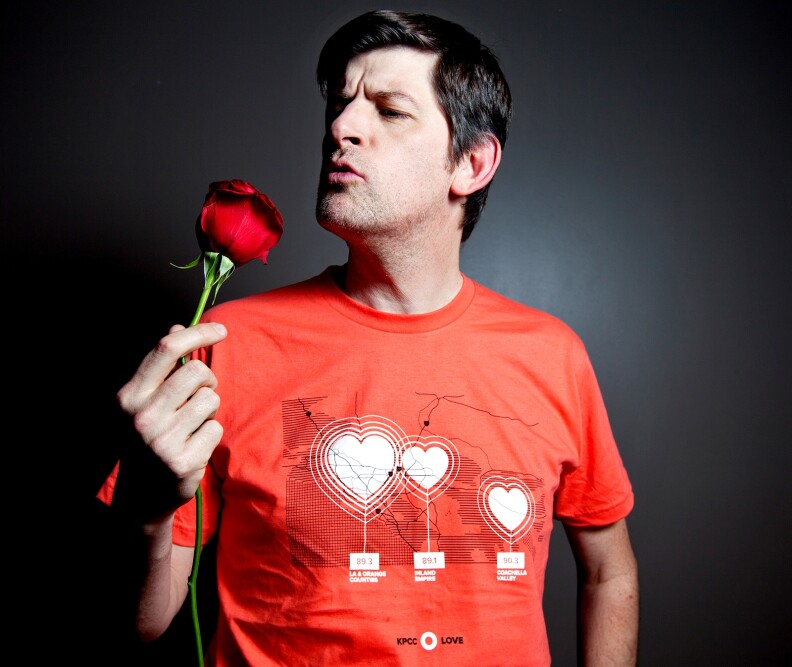 Off-Ramp host John Rabe with the new #kpcclove t-shirt.
