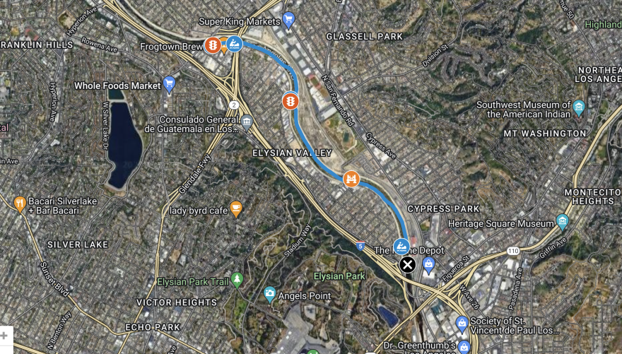 A map of the Elysian Valley Recreation Zone, showing the LA River in blue snaking past the 5 Freeway