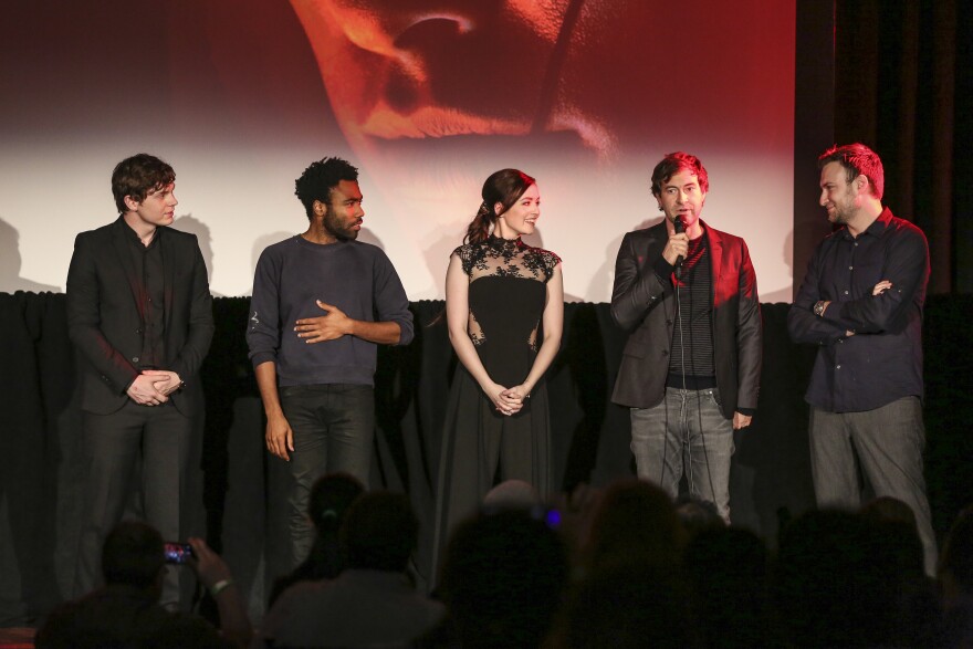 HOLLYWOOD, CA - FEBRUARY 17:  Evan Peters, Donald Glover, Sarah Bolger, Mark Duplass and David Gelb on stage at Relativity Media's special screening of "The Lazarus Effect" at Hollywood Forever on February 17, 2015 in Hollywood, California.  (Photo by Rich Polk/Getty Images for Relativity Media)