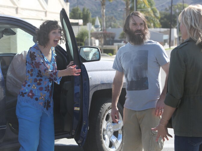 Phil (Will Forte, C) and Carol (Kristen Schaal, L) meet another person (January Jones, R) in the "Sweet Melissa" episode on Fox's "The Last Man On Earth."