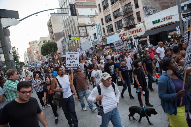 Police in San Bernardino are trying to determine if vandalism Thursday night was sparked by the acquittal of George Zimmerman in the shooting death of Trayvon Martin. (Photo: Hundreds of protesters march through downtown Los Angeles on July 16, 2013 in response to the George Zimmerman case verdict).
