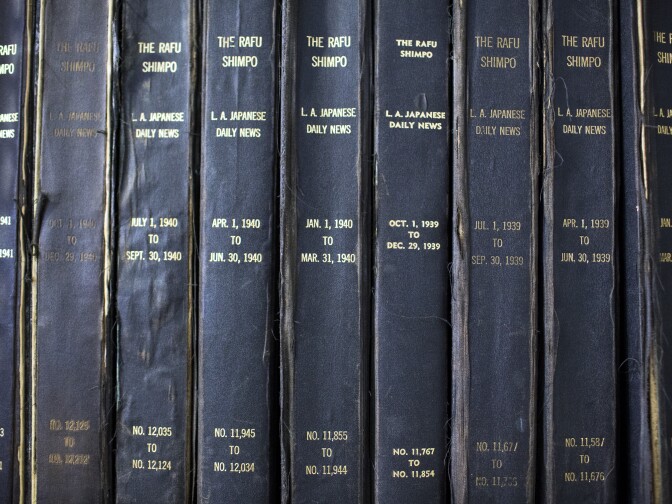 Archives of Japanese-English language newspaper Rafu Shimpo from 1939 to 191 are stored inside their Little Tokyo office on Tuesday afternoon, May 17, 2016.