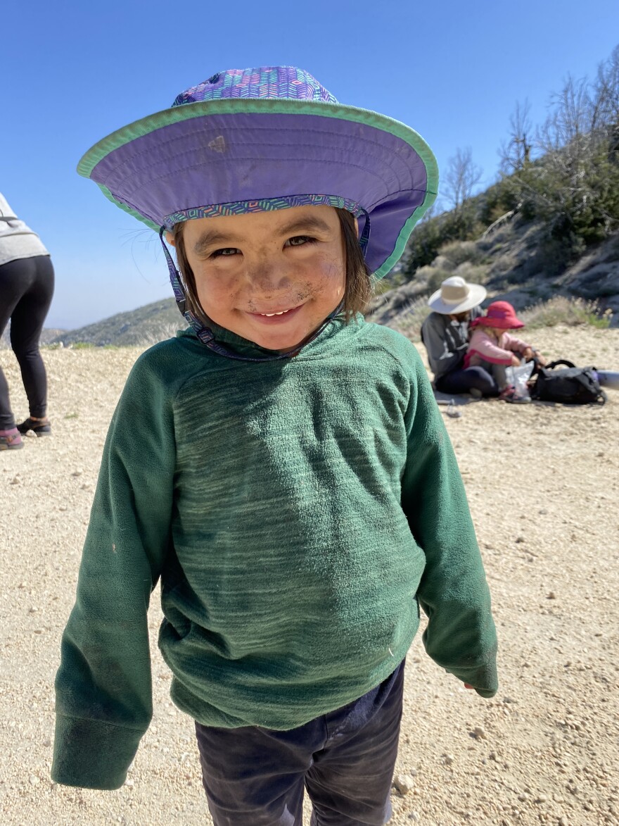 A little boy in a purple hat and green sweatshirt smiles into the camera. 