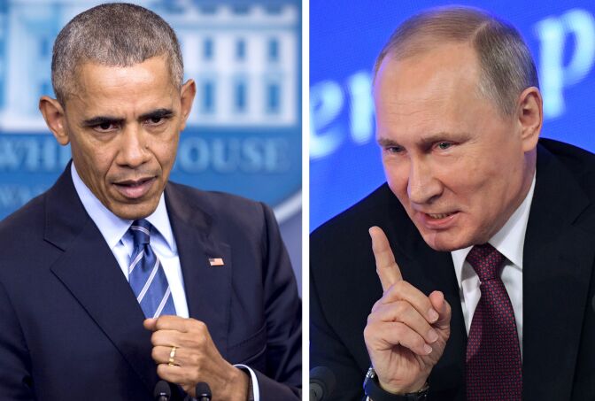 (COMBO)This combination of file photos shows US President Barack Obama speaking at the White House in Washington, DC on December 16, 2016 and Vladimir Putin speaking in Moscow on December 23, 2016.
The US on December 29, 2016, fired back at Moscow over its meddling in the presidential election, announcing a series of tough sanctions against intelligence agencies, expulsions of agents and shutting down of Russian compounds on US soil. "I have ordered a number of actions in response to the Russian government's aggressive harassment of US officials and cyber operations aimed at the US election," Obama said.
 / AFP / Saul LOEB AND Natalia KOLESNIKOVA        (Photo credit should read SAUL LOEB,NATALIA KOLESNIKOVA/AFP/Getty Images)