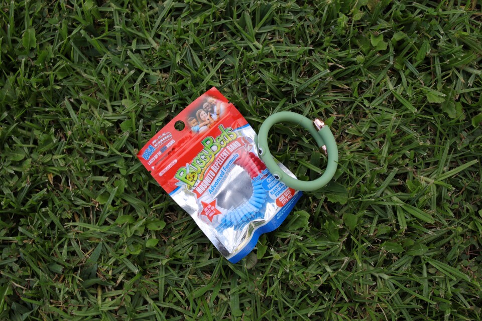 Two items on grass next to each other. On left is the BuggyBeds bracelet still in its package. It's blue and red. On the right is the swift catch bracelet, which is light green with a frog face and gold caps on the adjustable ends.