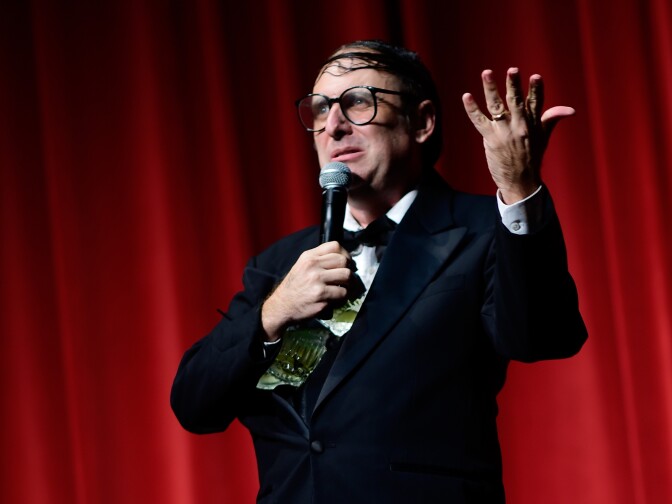 Comedian Neil Hamburger performs onstage following the "Entertainment" premiere during the Sundance NEXT FEST at The Theatre at Ace Hotel on August 8, 2015 in Los Angeles, California.