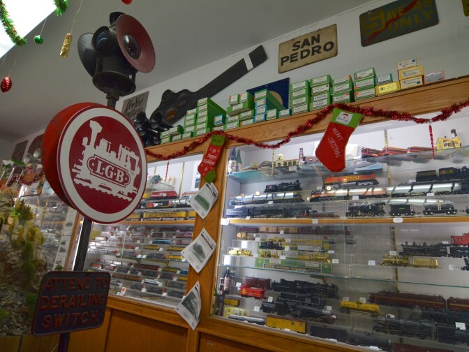 Model trains and train memorabilia line the walls of The Original Whistle Stop in Pasadena.