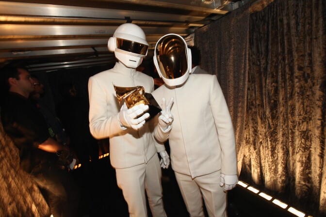 Musicians Thomas Bangalter and Guy-Manuel de Homem-Christo, winners of Album of the Year and Best Pop Duo/Group Performance attends the 56th GRAMMY Awards at Staples Center on January 26, 2014 in Los Angeles, California. 