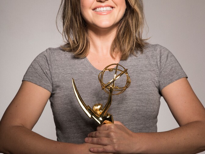 Choreographer Kat Burns holds the Emmy she won for choreography for the CW show "Crazy Ex-Girlfriend."