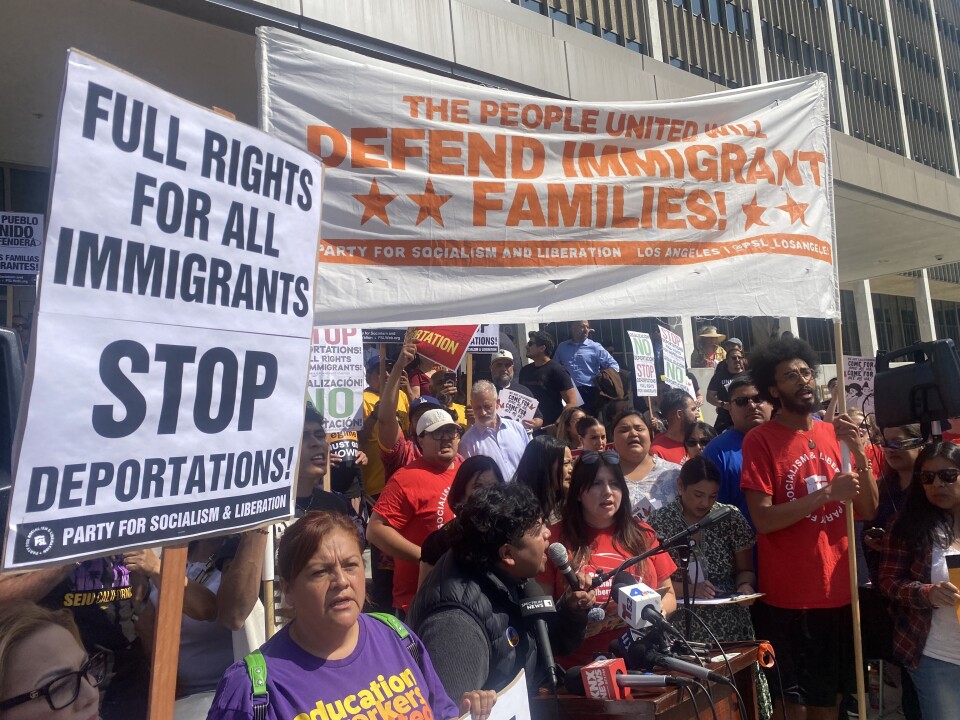 Dozens of people attend a rally/ news conference in downtown Los Angeles. One man with dark hair and brown skin appears to be speaking into a microphone. Other people around him hold signs and banners. One banner reads: "The People United Will Defend Immigrant Families" A sign reads, "Full rights for all immigrants. Stop Deportations." The signs also bear the name of an organization: the Party for Socialism & Liberation.