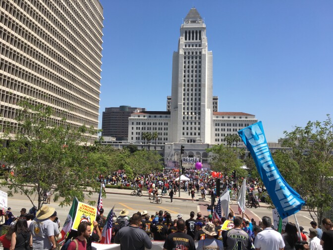 A rally at the end of the Los Angeles May Day march on May 1, 2017.