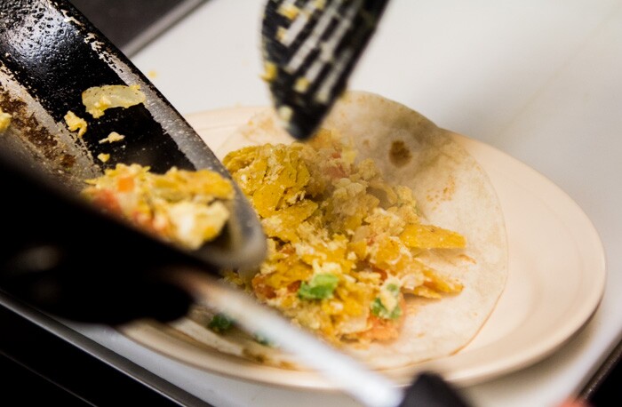 The makings of a migas taco at Joe's Bakery in Austin, Texas.