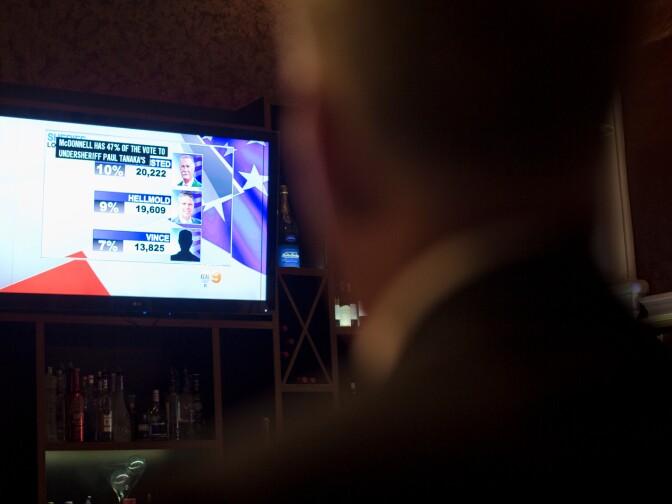 Los Angeles County Sheriff candidate Bob Olmsted watches local television as results come in at Pierre Garden in Glendale on Tuesday night, June 3.