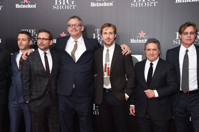 NEW YORK, NY - NOVEMBER 23:  (L-R) Jeremy Strong, Steve Carell, Adam McKay, Ryan Gosling, Brad Grey and Brad Pitt attend the premiere of "The Big Short" at Ziegfeld Theatre on November 23, 2015 in New York City.  (Photo by Jamie McCarthy/Getty Images)