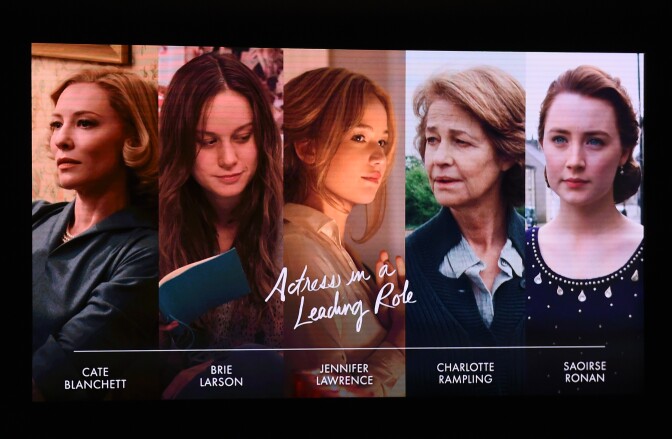 A screen showing the Oscar nominees for Best Actress is announced by actor John Krasinski and Academy President Cheryl Boone Isaacs during the Academy Awards Nominations Announcement at the Samuel Goldwyn Theater in Beverly Hills, California on January 14, 2016.
The 88th Oscars will be held on February 28 at the Dolby Theatre in downtown Hollywood. / AFP / MARK RALSTON        (Photo credit should read MARK RALSTON/AFP/Getty Images)