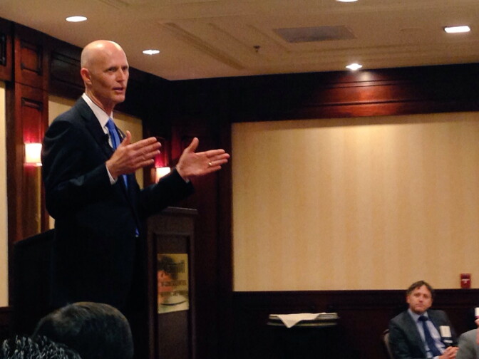 Florida Governor Rick Scott spoke to a gathering of business leaders in Woodland Hills and part of his two-day trip to California.