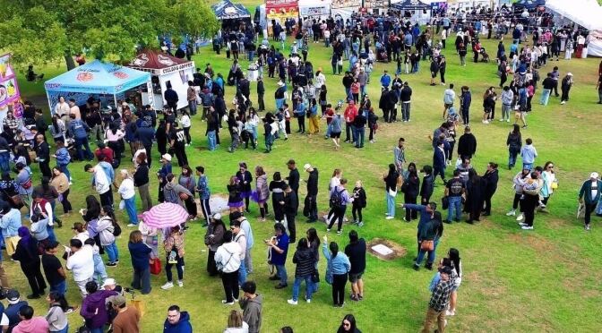 A crowd of people stand on a grass field and surround multiple canopies.