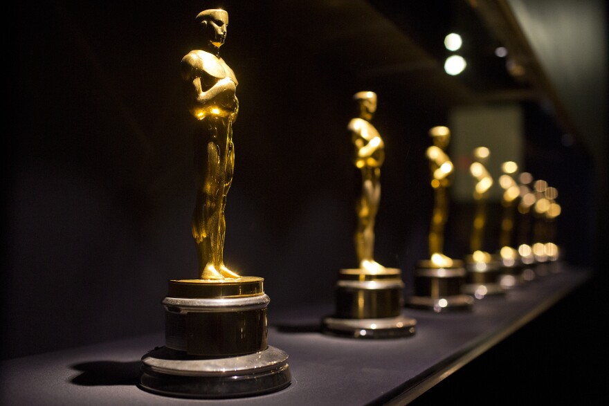 Oscars are on display in the entrance to the Academy of Motion Picture Arts and Sciences' Hollywood Costume exhibition at the Wilshire May Company Building. The show opens October 2.