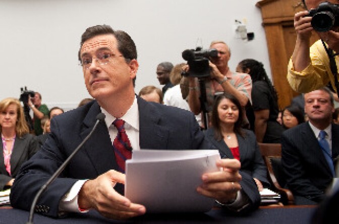 Television host and comedian Stephen Colbert of Comedy Central's 'The Colbert Report' arrives to testify on US farm workers before the Subcommittee on Immigration, Citizenship, Refugee, Border Security and International Law on Capitol Hill in Washington, DC, September 24, 2010.