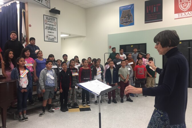 LA Master Chorale teaching artist Alice Kirwan Murray conducts a "Voices Within" dress rehearsal at Huntington Park Elementary. 