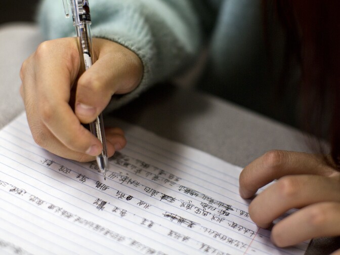 Senior Sprina Sun does her AP Chinese homework after school at Arroyo Pacific Academy in Arcadia on Thursday, Nov. 12, 2015.