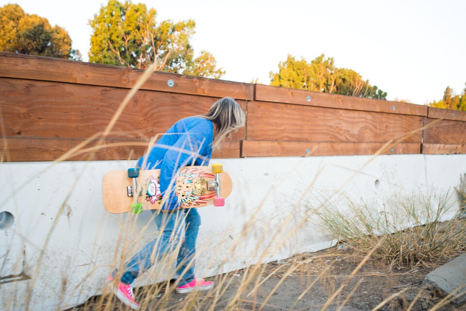 Skater Cindy Whitehead on the 405 Freeway during Carmageddon II.