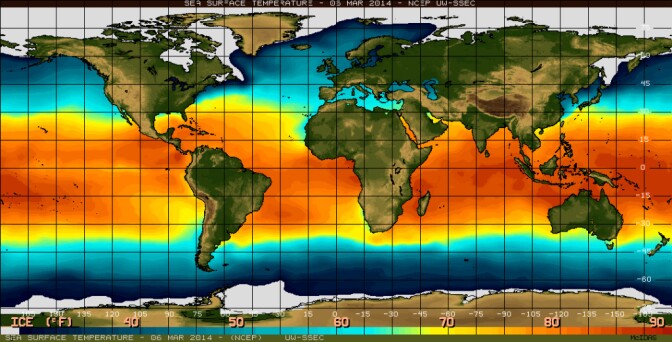 Sea surface temperature in the equatorial Pacific Ocean on March 6. El Niño is characterized by unusually warm temperatures and La Niña by unusually cool temperatures in the equatorial Pacific.