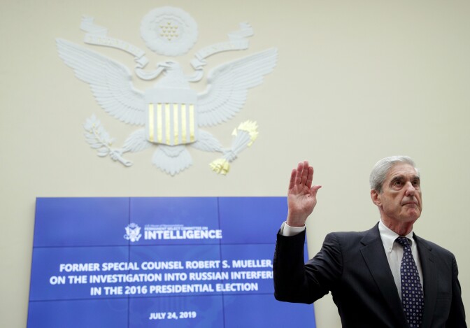 WASHINGTON, DC - JULY 24: Former Special Counsel Robert Mueller is sworn in before the House Intelligence Committee about his report on Russian interference in the 2016 presidential election in the Rayburn House Office Building July 24, 2019 in Washington, DC. Mueller testified earlier in the day before the House Judiciary Committee in back-to-back hearings on Capitol Hill.  (Photo by Alex Wong/Getty Images)