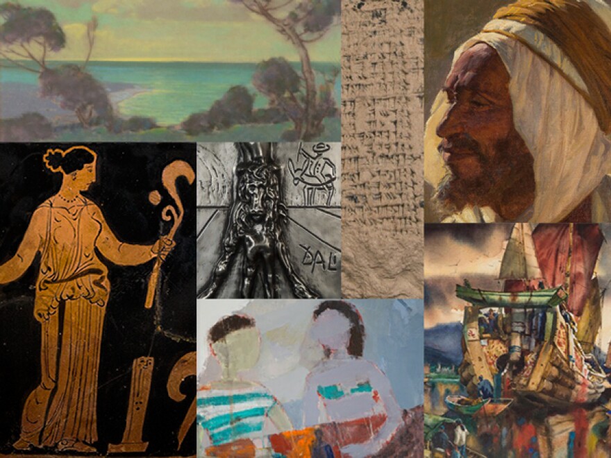 A selection of works included in the collection: (clock-wise from upper left) Pastel on paper by Raymond Nott, Desert Arab Man by Gordon Harrower Coutts, Chinese Junks by Arthur Edwaine, The Lazy Day by Ahn Young-il, Red Figure Skyphos (drinking cup, on low-footed base), Mesopotamian Cuneiform Tablet, Don Quixote metal relief by Salvador Dali