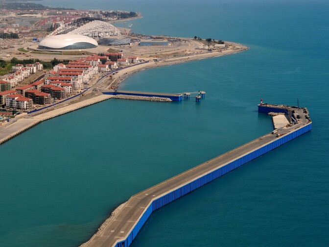 An aerial view of the construction site of Sochi's Olympic Park on the shore of the Black Sea.