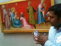 Google's Shailesh Nalawadi demonstrates his company's image recognition app on a 14th century painting at the Getty.