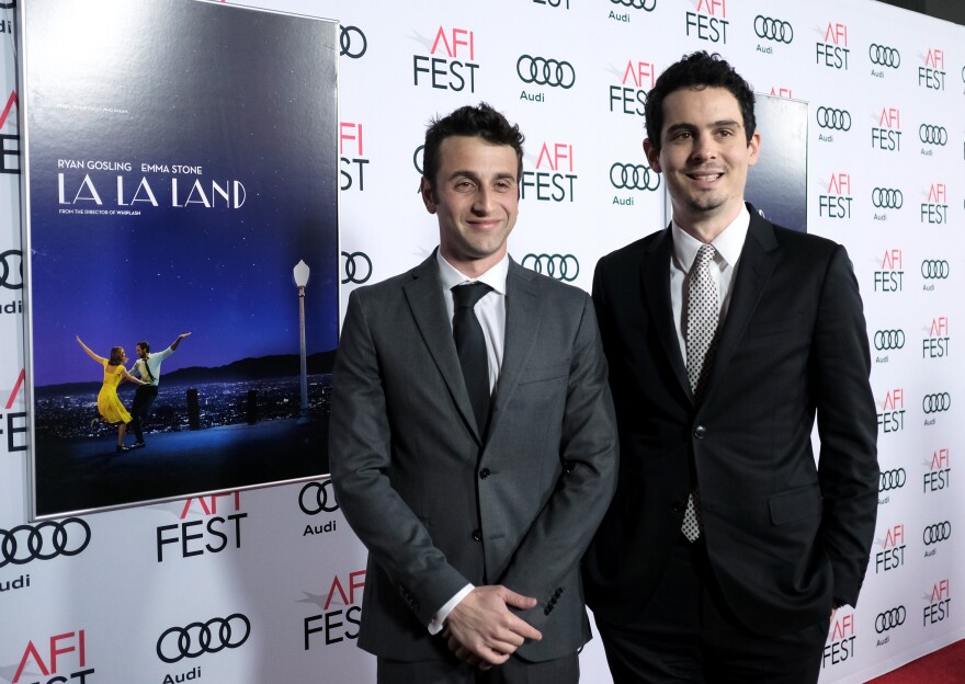 HOLLYWOOD, CA - NOVEMBER 15:  Composer Justin Hurwitz (L) and director Damien Chazelle attend the premiere of 'LA LA LAND' at AFI Fest 2016, presented by Audi at The Chinese Theatre on November 15, 2016 in Hollywood, California.  (Photo by Chris Weeks/Getty Images for Audi)