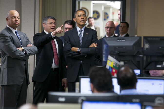 WASHINGTON, DC - FEBRUARY 02:  (AFP OUT) U.S. President Barack Obama is escorted by Jeh Johnson, Secretary Of Homeland Security, left, and Richard M. Chavez, Director of Operations Coordination and Planning, center as he visits the National Operations Center (NOC) at the Department of Homeland Security after speaking about the administration's fiscal year 2016 budget request released earlier today February 2, 2015 in Washington, DC. The $4 trillion budget that President Obama sends Congress on Monday proposes higher taxes on wealthier Americans and corporations, and an $478 billion public works program for highway, bridge and transit upgrades.  (Photo by Kristoffer Tripplaar-Pool/Getty Images)