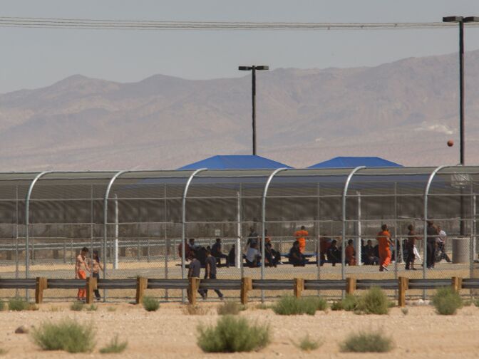 Imprisoned immigrants are seen at the US Immigration and Customs Enforcement (ICE) Adelanto Detention Facility.