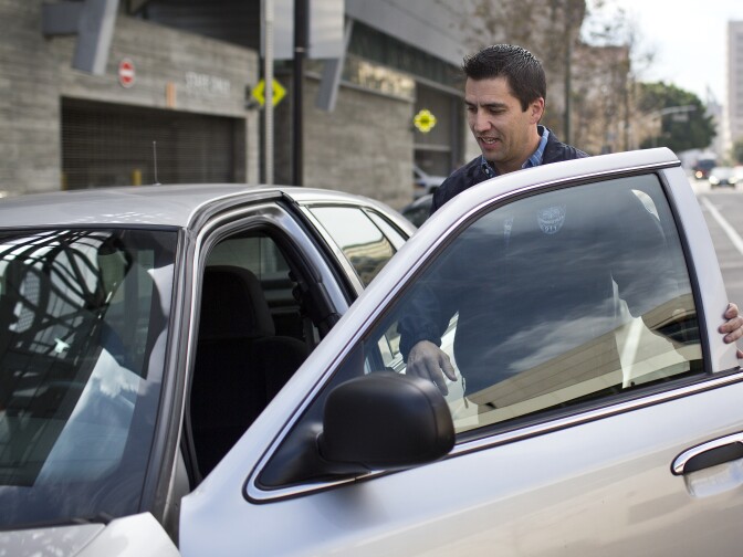 Officer Ted Simola heads out from LAPD Headquarters to a call on Thursday morning, Feb. 26, 2015. Simola is an officer on the LAPD Mental Evaluation Unit's System-wide Mental Assessment Response Teams. The LAPD first began deploying SMART in 1993.