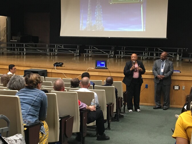 Community activist and Parents of Watts founder "Sweet Alice" Harris, 83, speaks during a public forum at King/Drew Medical Magnet High School near Watts.
