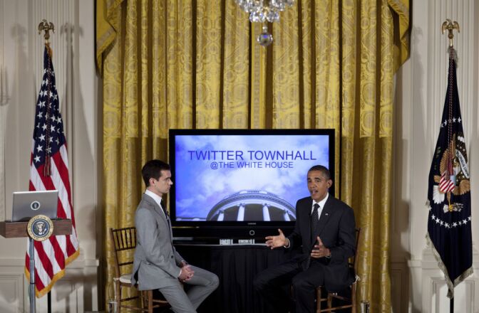 Twitter co-founder and Executive Chairman Jack Dorsey listens while President Barack Obama speaks during an online Twitter town hall meeting from the East Room of the White House July 6, 2011 in Washington, DC.  Obama and Twitter co-founder and Executive Chairman Jack Dorsey held the online discussion to speak about the U.S .debt ceiling crisis.
