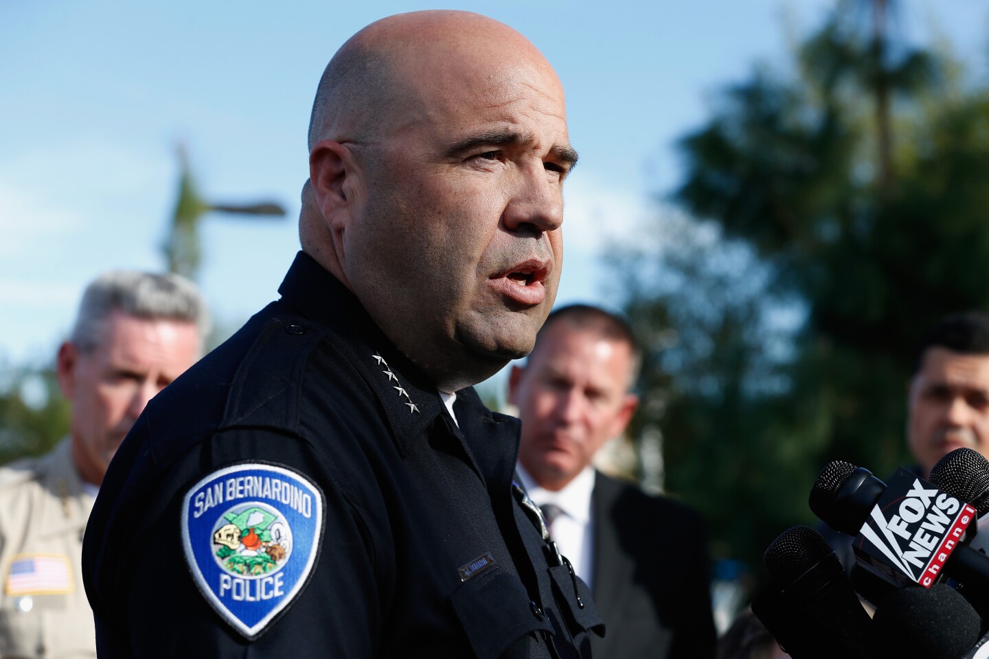 San Bernardino Police Chief Jarrod Burguan speaks with the media regarding the shooting that left 14 dead at the Inland Regional Center on December 2, 2015 in San Bernardino, California. 