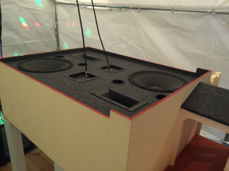 A speaker fills the inside of 'Hacienda,' a sculpture by Juan Capistran, recreates the modern house party scene of Latino youth.