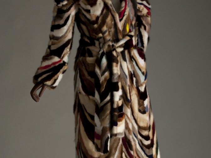 A patchwork fur coat and matching boots from Italian designer Laura Biagiotti, 2006.