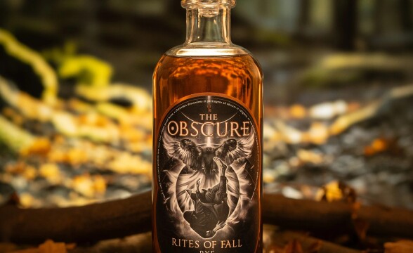 A bottle of Rites of Fall rye whiskey by The Obscure is displayed among fall leaves and a fallen tree branch.