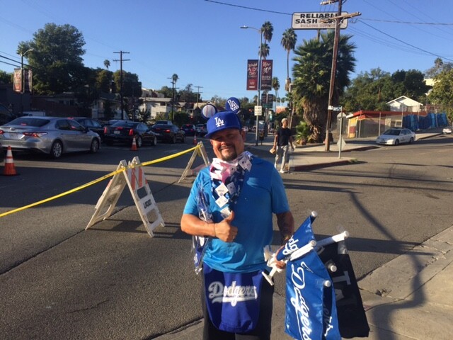 Felipe Nava sold Dodgers merchandise before Game 1 of the 2017 World Series.