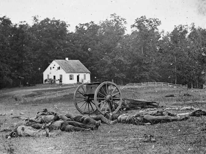 The area around the white brick Dunker Church was also a scene of heavy fighting. These men had been carried from the places where they fell, in preparation for burial. It took four days to clear all the soldiers' bodies from the battlefield.