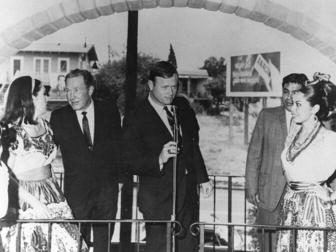 City Councilman Art Snyder (center) at opening of El Mercado, 1968. Mayor Sam Yorty is 2nd from left.