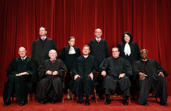 WASHINGTON - SEPTEMBER 29:  Members of the US Supreme Court pose for a group photograph at the Supreme Court building on September 29, 2009 in Washington, DC.  Front row (L-R): Associate Justice Anthony M. Kennedy, Associate Justice John Paul Stevens, Chief Justice John G. Roberts, Associate Justice Antonin Scalia, and Associate Justice Clarence Thomas. Back Row (L-R),  Associate Justice Samuel Alito Jr., Associate Justice Ruth Bader Ginsburg, Associate Justice Stephen Breyer, and Associate Justice Sonia Sotomayor. (Photo by Mark Wilson/Getty Images) *** Local Caption *** Sonia Sotomayor;Stephen Breyer;Ruth Bader Ginsburg;Samuel Alito Jr.;Clarence Thomas;John G. Roberts;John Paul Stevens;Anthony M. Kennedy