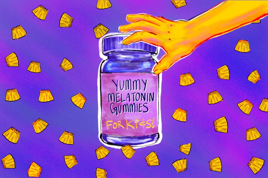 An illustration shows a vitamin jar with the label "YUMMY MELATONIN GUMMIES" in black, with the added "FOR Kids!" in yellow, with a Disney-esque font. It's surrounded by yellow candy wrappers.