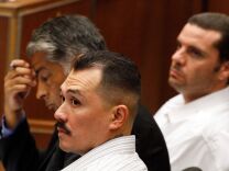 LOS ANGELES, CA, JUNE 08:  (R-L) Marvin Norwood, his attorney Victor Escobedo and co-defendant Louie Sanchez listen during preliminary proceedings in Superior Court June 8, 2012. 